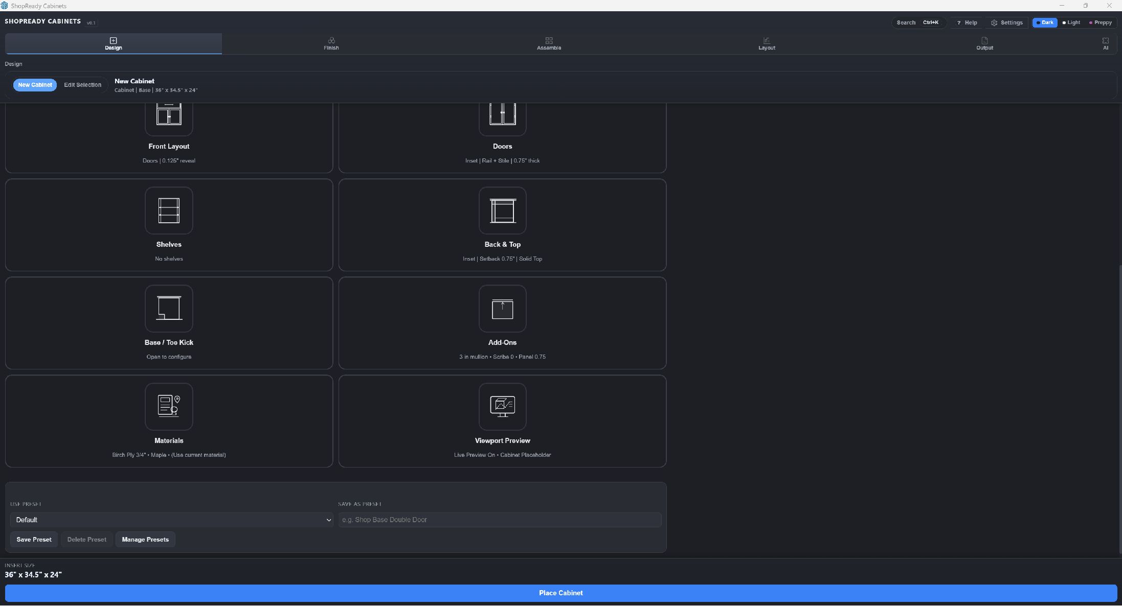 ShopReady Cabinets Design workspace with cabinet controls, presets, and live metrics