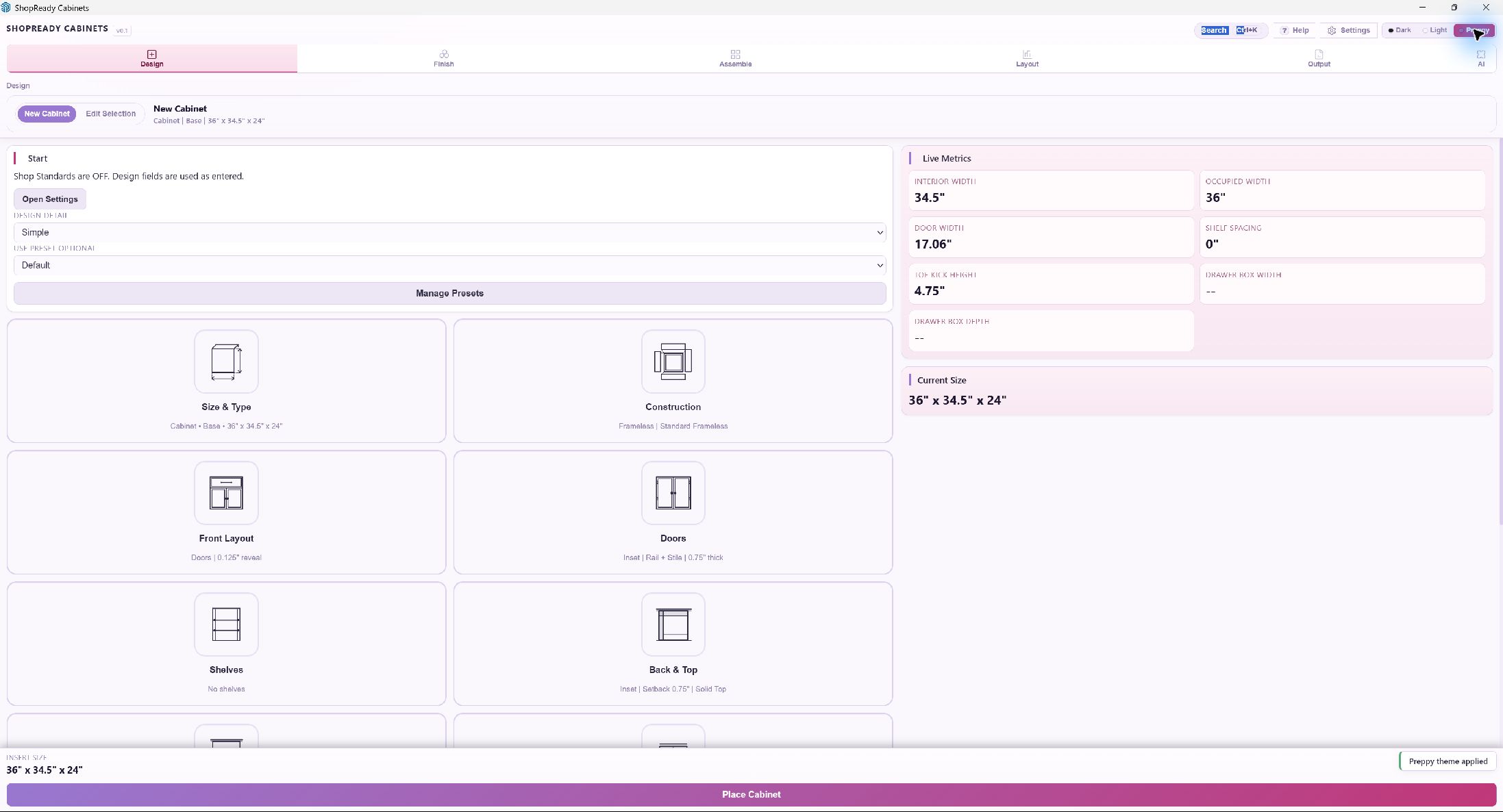 ShopReady Cabinets Design workspace using the optional Preppy interface theme
