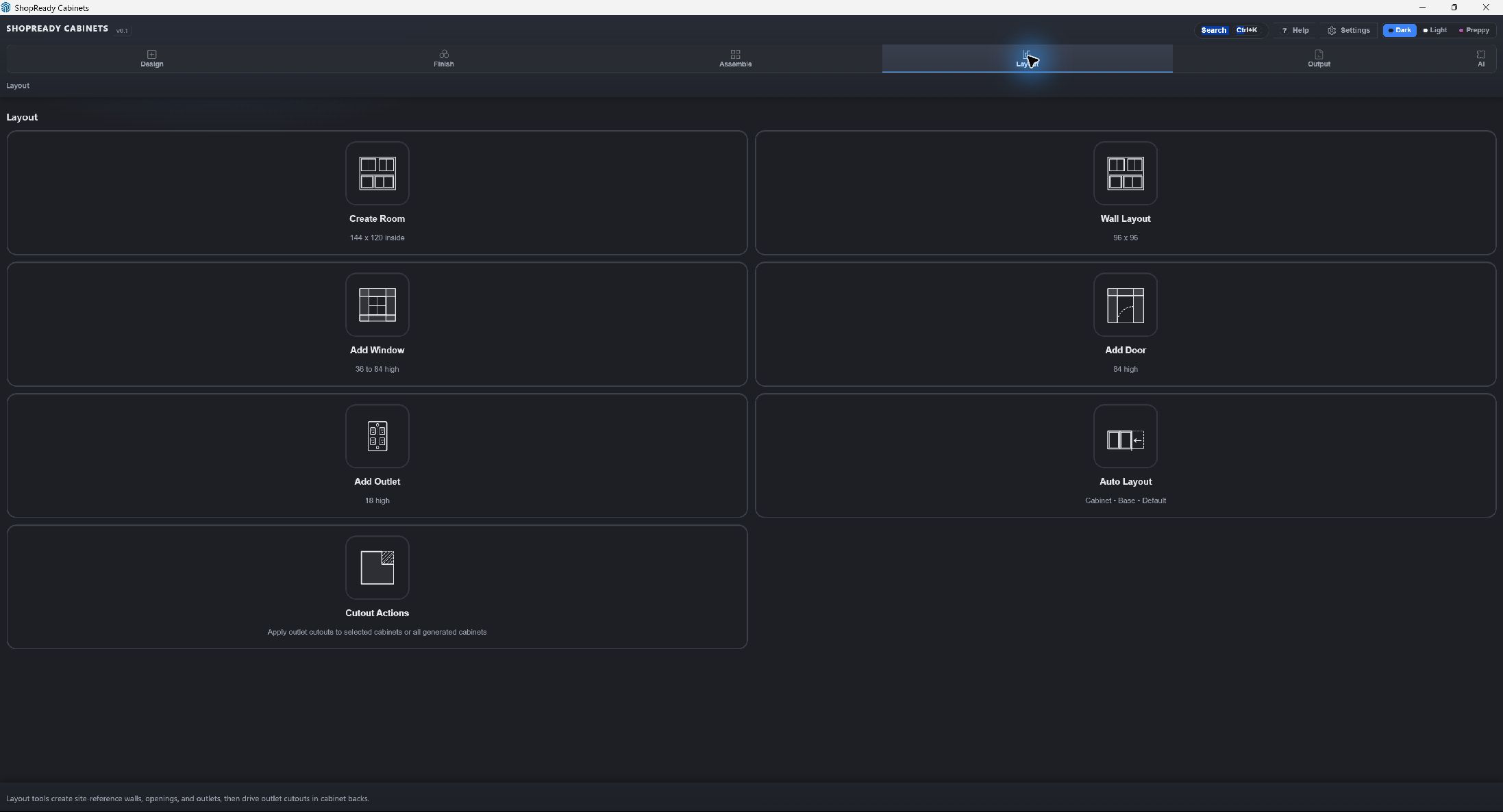 ShopReady Cabinets Layout workspace with rooms, walls, openings, outlets, and automatic layout tools