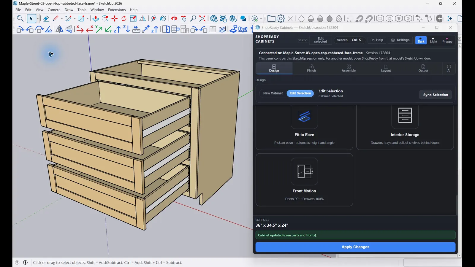 A three-drawer base cabinet in SketchUp with its drawer boxes pulled open, beside the ShopReady Cabinets for SketchUp panel.