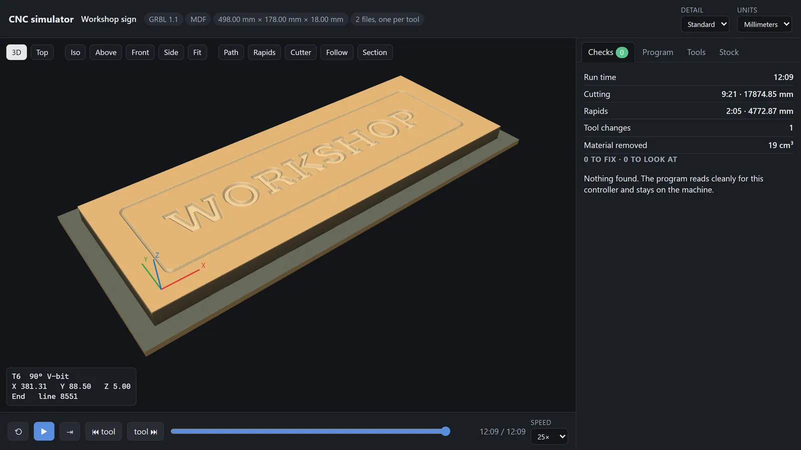 The word WORKSHOP V-carved into a sign board, shown finished in the 3D CNC simulator of ShopReady Draft 2D, with its run time beside it.