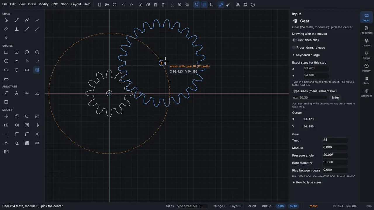 Two gears being drawn flat in Draft 2D, the second held at the meshing distance from the first.