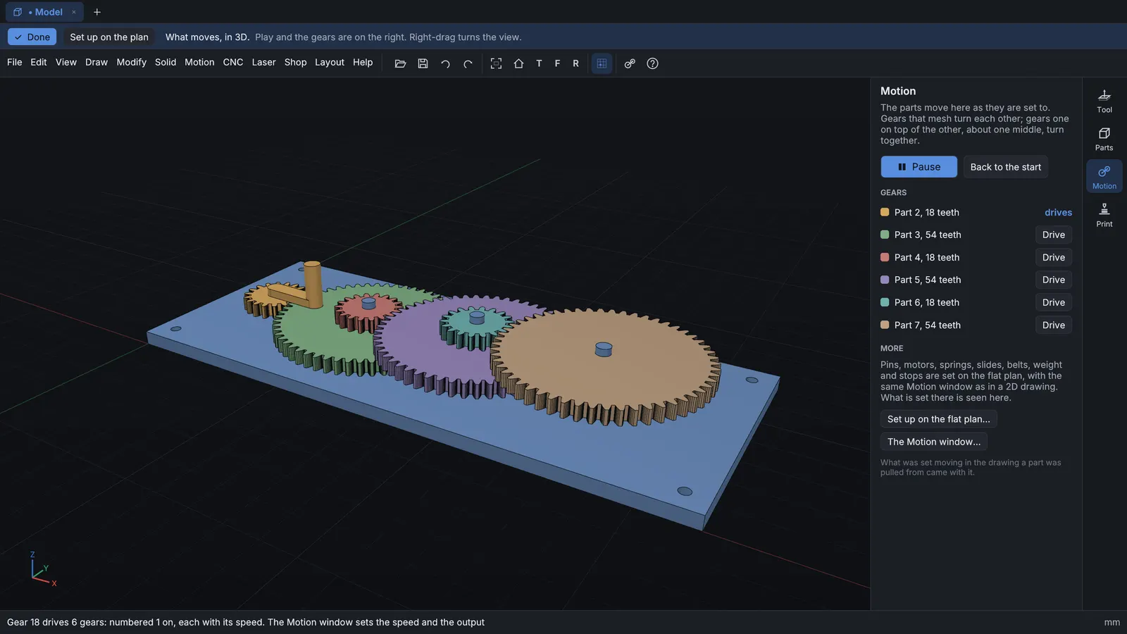 Six gears and a crank on a plate in ShopReady Draft 3D, with the Motion panel listing each gear and its teeth.