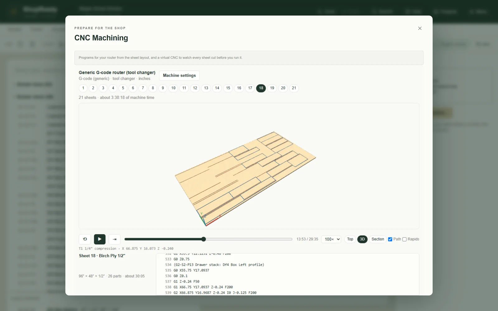 A sheet of cabinet parts being cut on the virtual CNC in ShopReady Cabinets Standalone.