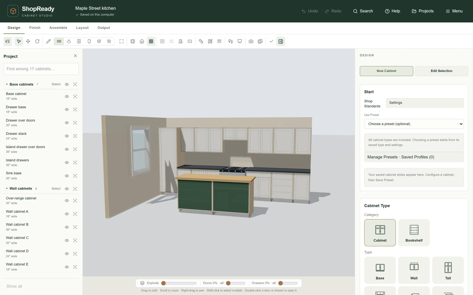A kitchen in 3D in ShopReady Cabinets Standalone: white wall and base cabinets along one wall, a green island in front, and the list of its 17 cabinets at the left.